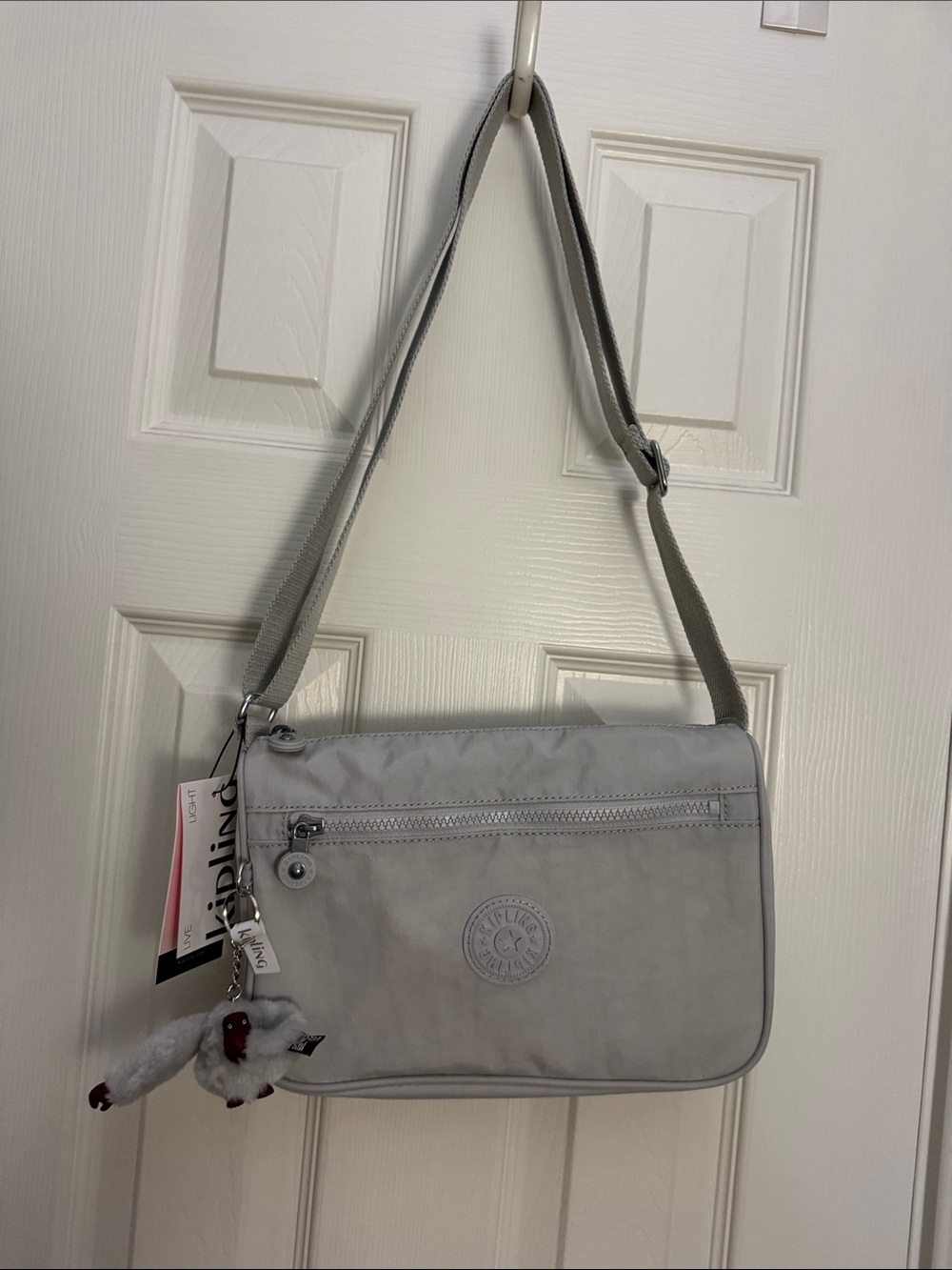 Kipling Light Shell Gray Shoulder Crossbody Bag with Monkey Charm